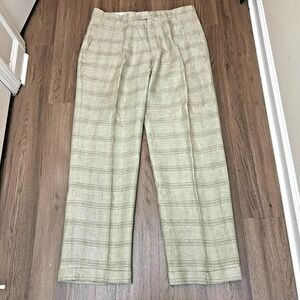 Inserch 100% Linen Sage Green Windowpane Plaid Herringbone Pants Cuff 40L